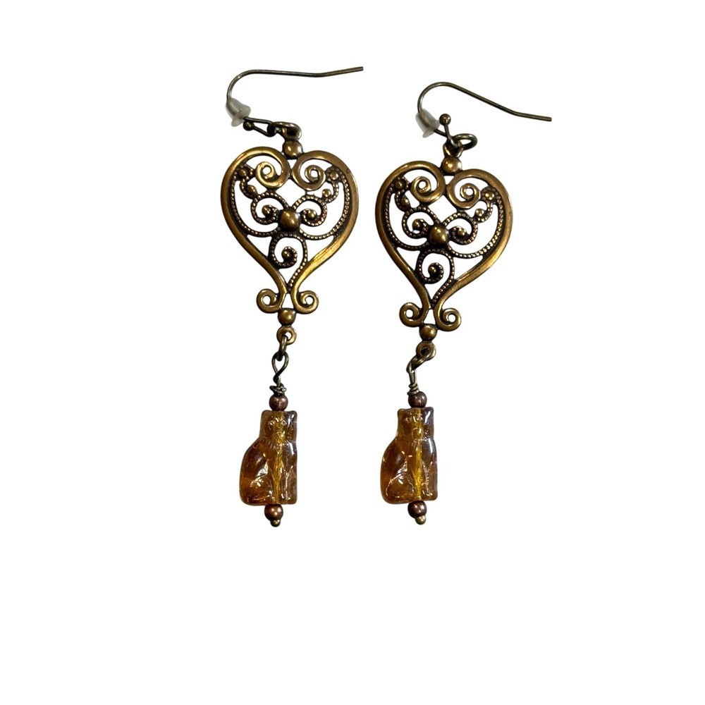 Vintage Heart Dangle Earrings Amber Cat Charm Gold‎ Bronze Tone Bohemian Jewelry